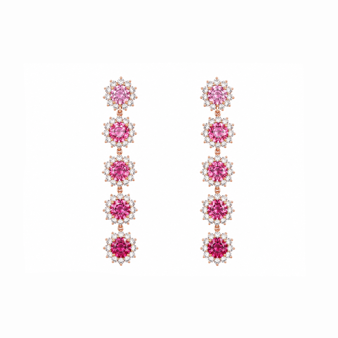 Pink Sapphire Five Drop Halo Earrings