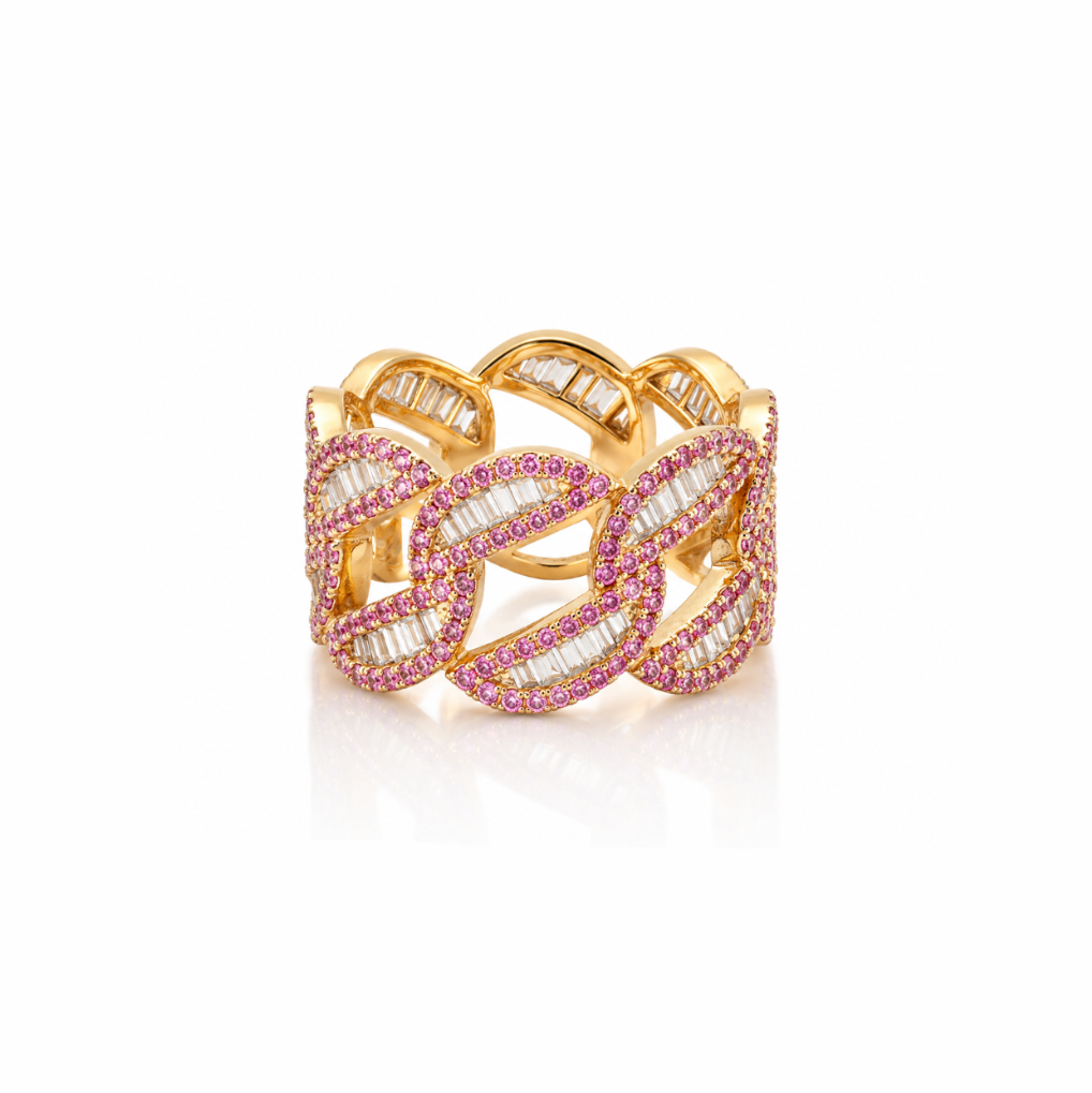 Pink Sapphire and Baguette Diamond Link Ring