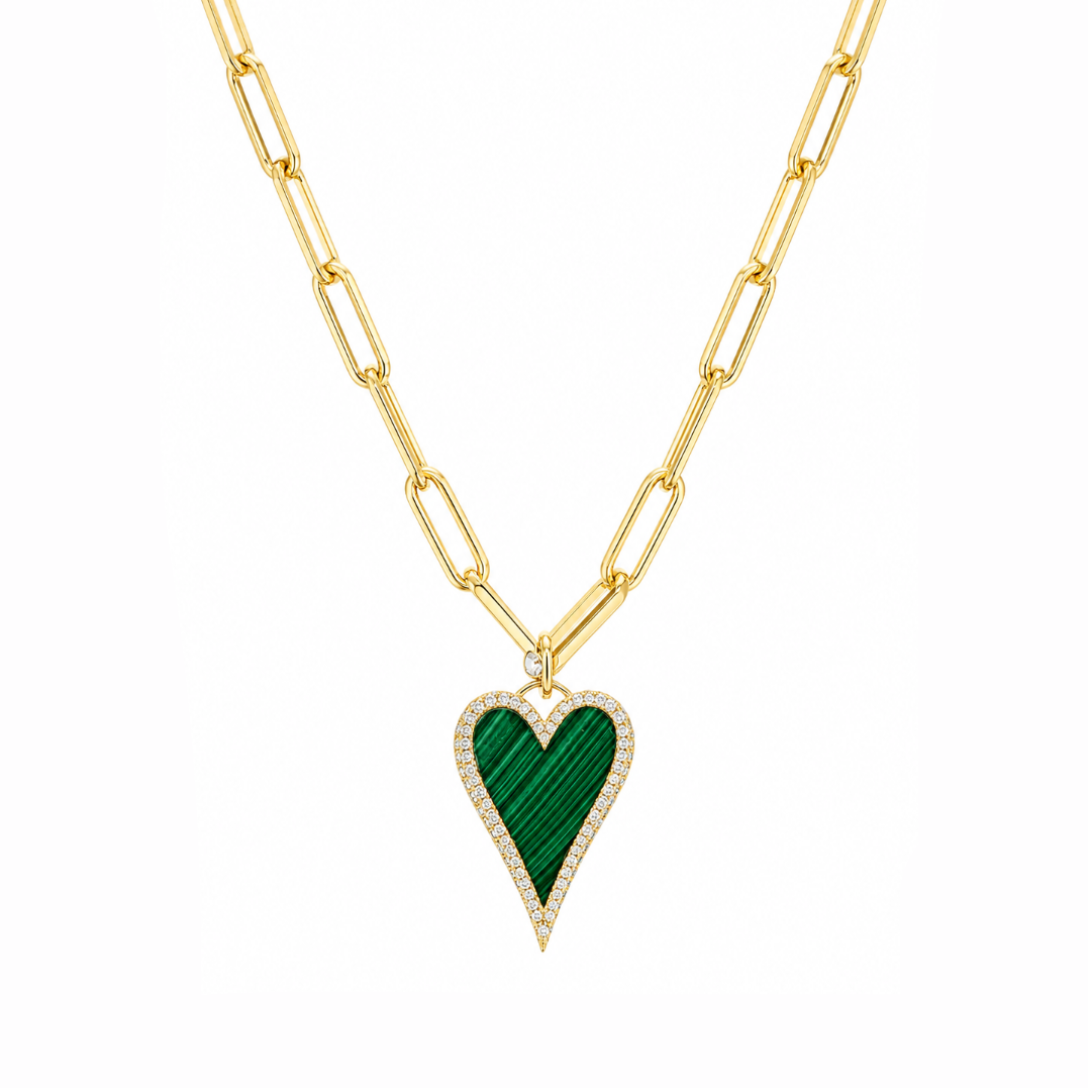 Malachite Heart with Papeclip Chain