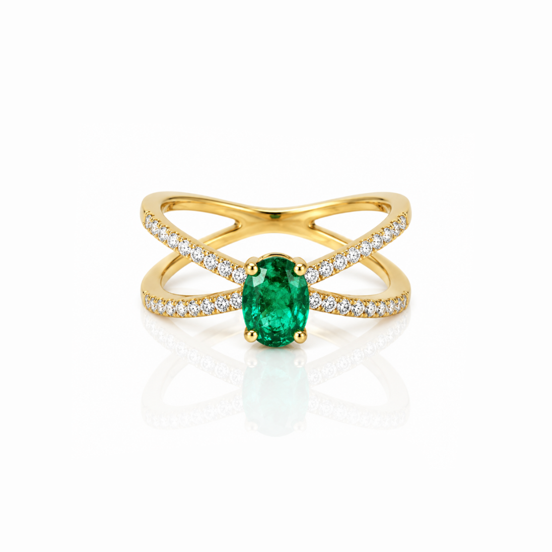 Oval Emerald and Diamond X Ring