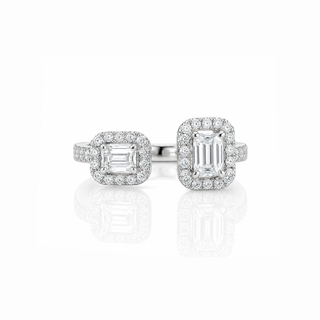 Asymmetric Emerald Cut Toi Et Moi Ring