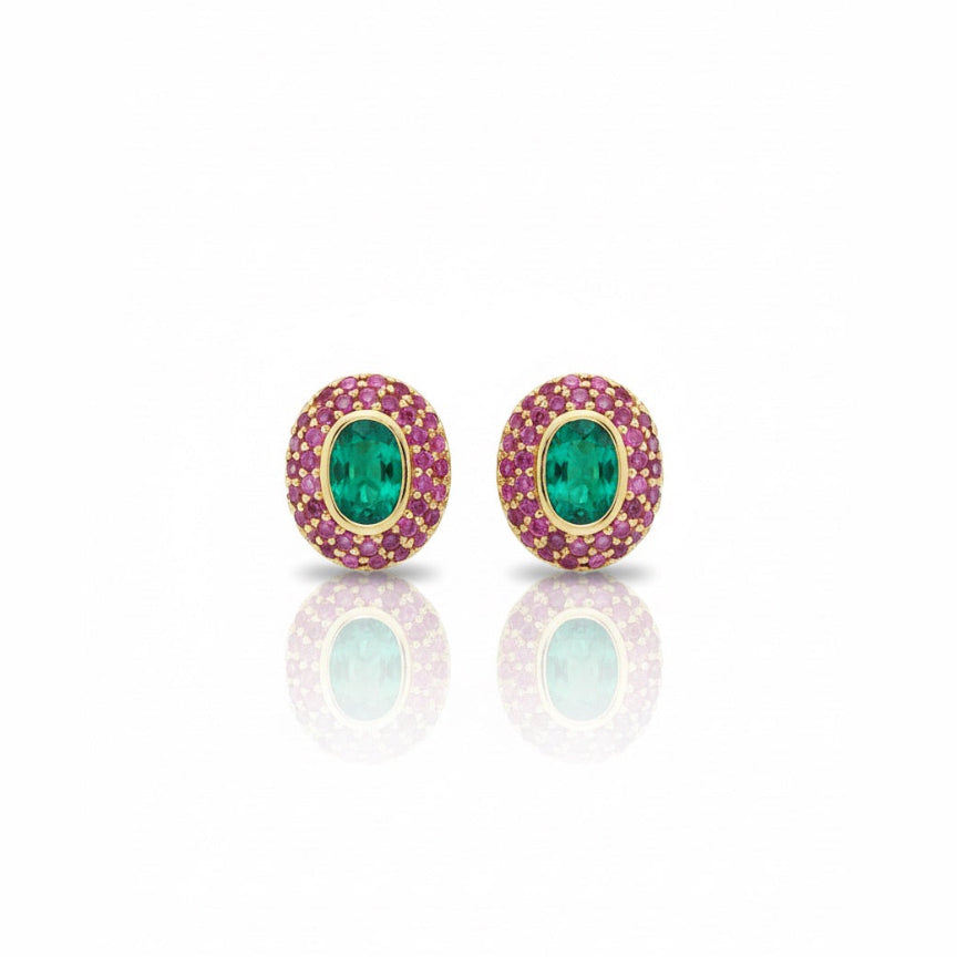 Oval Emerald and Pink Sapphire Halo Earrings