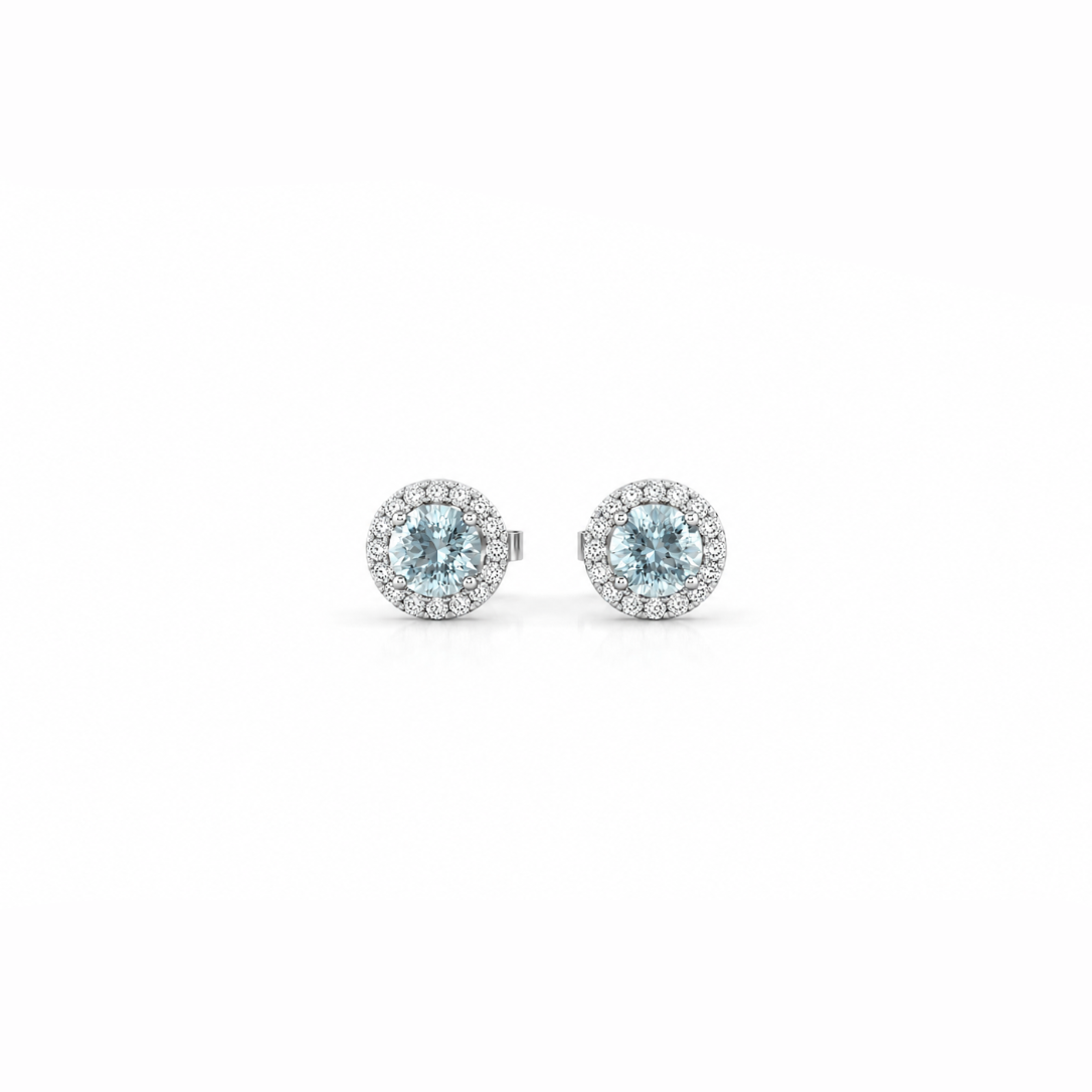 Mini Round Aquamarine & Diamond Halo Stud Earrings