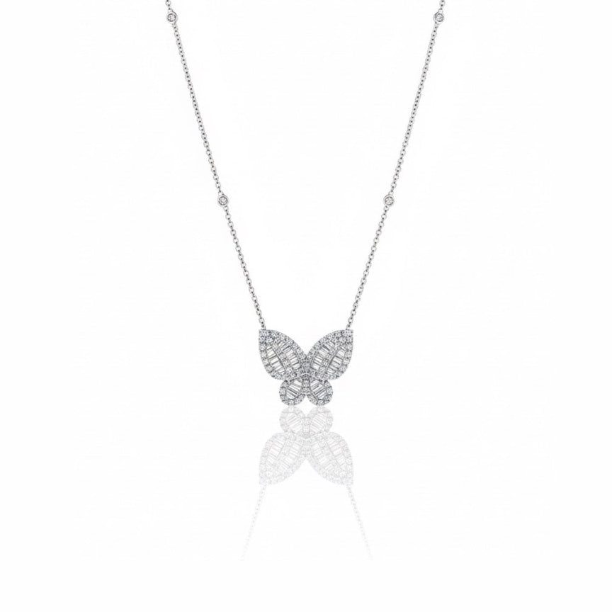 Baguette and Round Diamond Butterfly Necklace