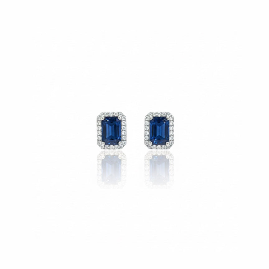 Blue Sapphire Emerald Cut Halo Stud Earrings