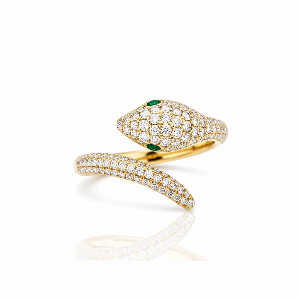 Pavé Diamond Serpent Ring with Emerald Eyes