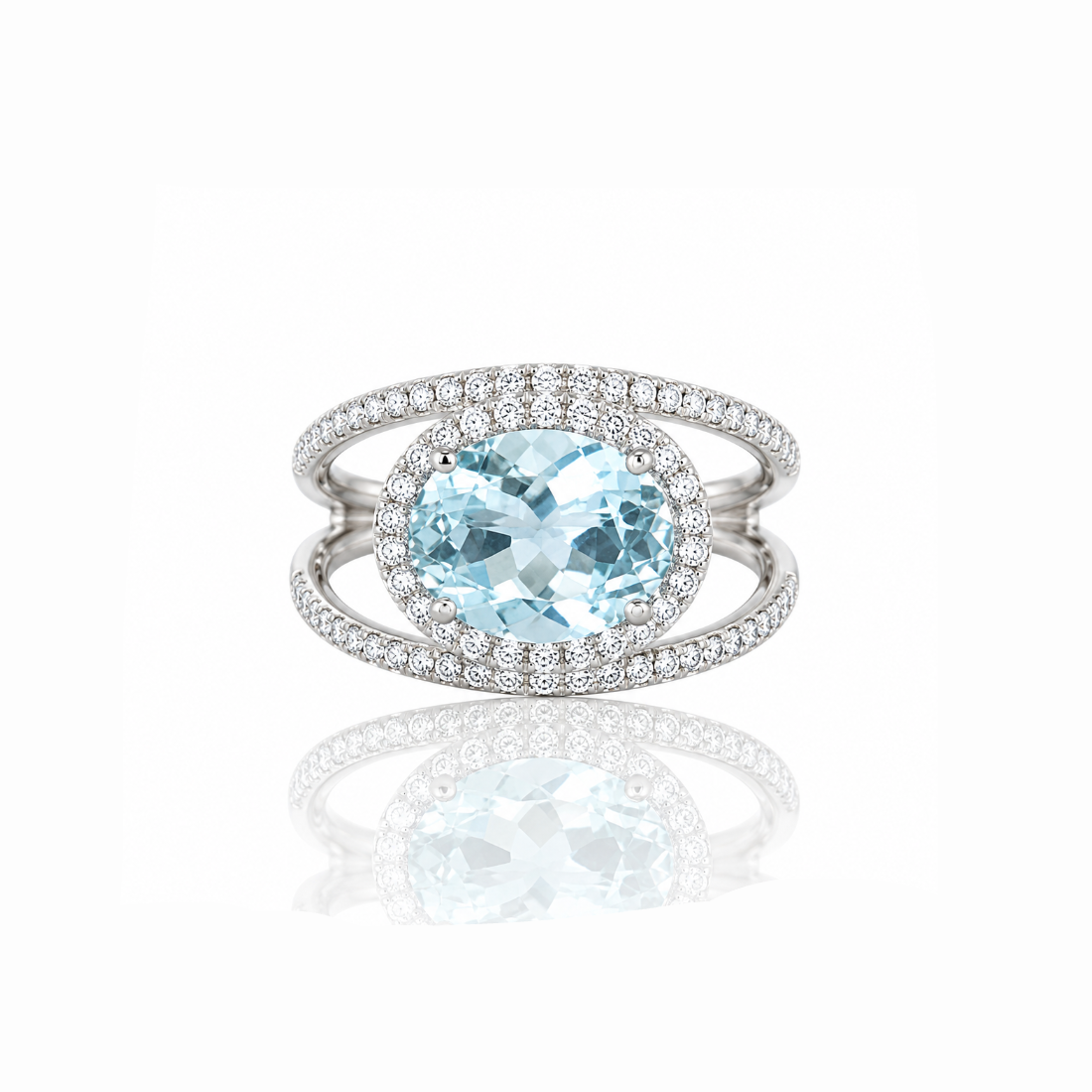 Oval Aquamarine Split Halo Ring