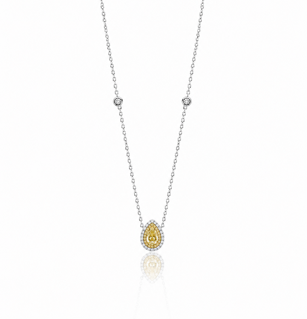 Fancy Yellow Pear Diamond with Double Halo Necklace