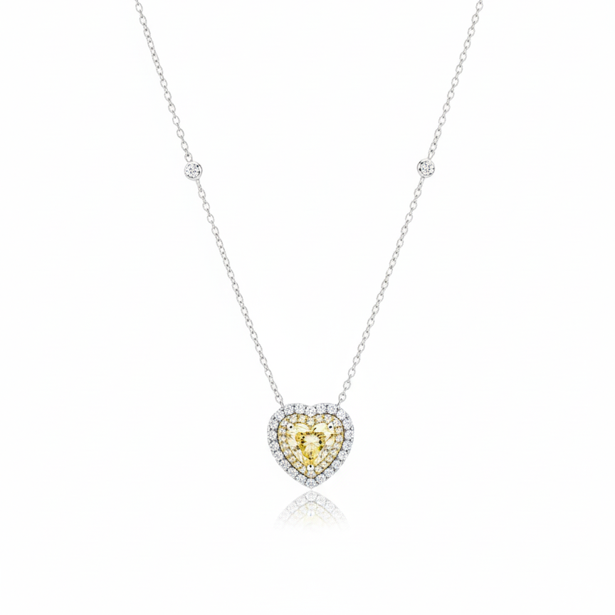 Yellow Diamond Heart with Double Halo Necklace