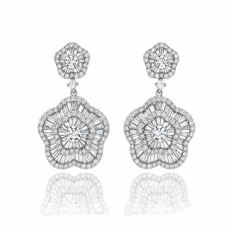Baguette and Round Diamond Floral Earrings