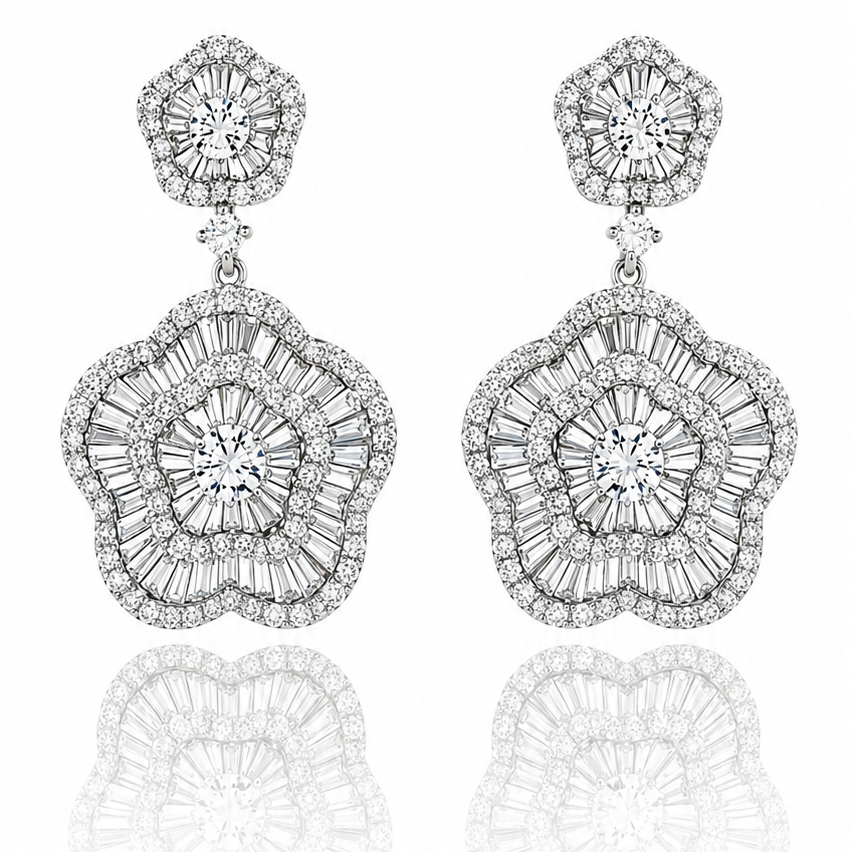 Baguette and Round Diamond Floral Earrings