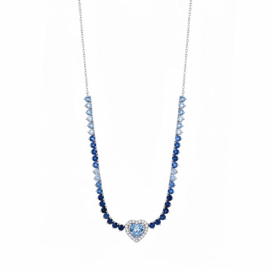 Ombré Blue Sapphire and Diamond Heart Halo Necklace