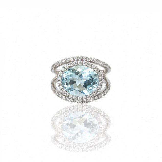 Oval Aquamarine Split Shank Halo Ring