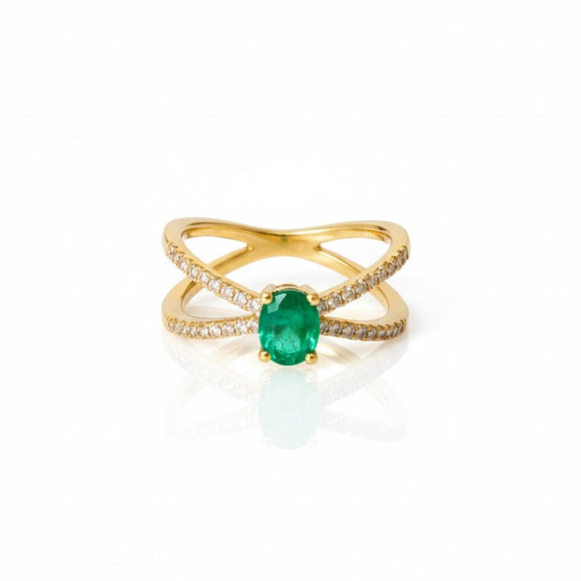 Oval Emerald and Diamond X Ring