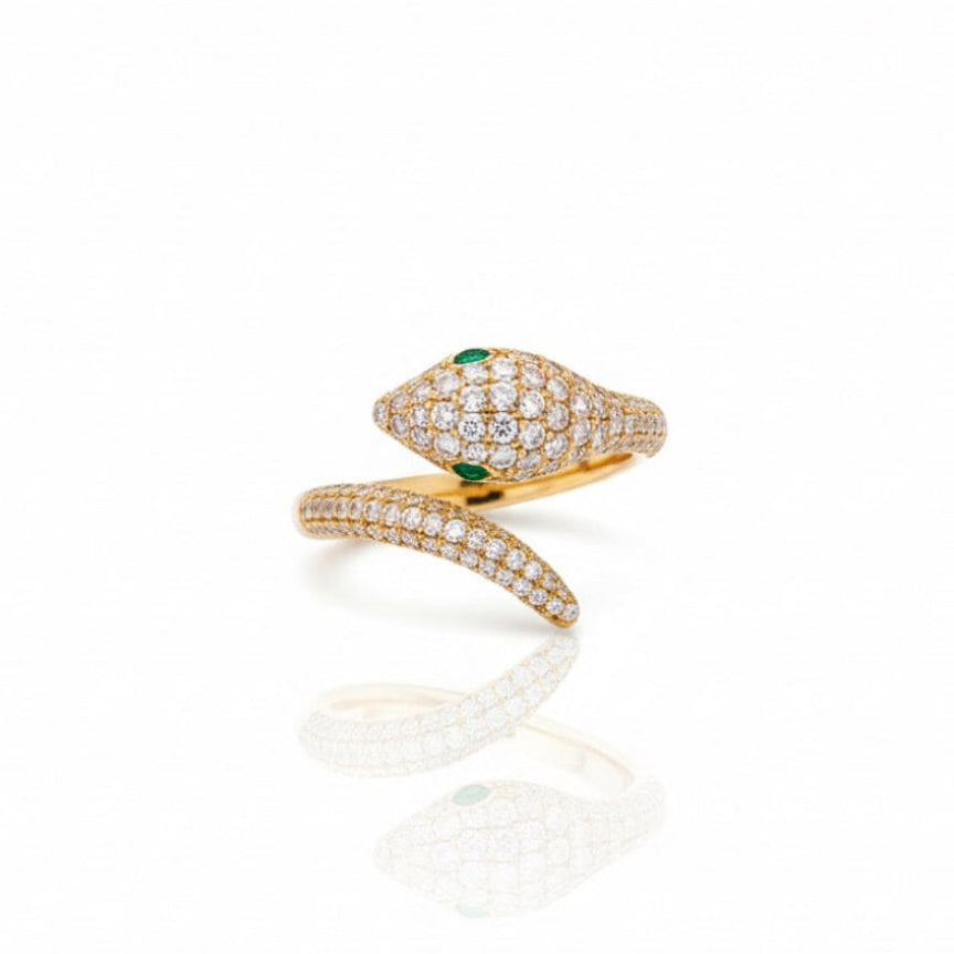 Pavé Diamond Serpent Ring with Emerald Eyes